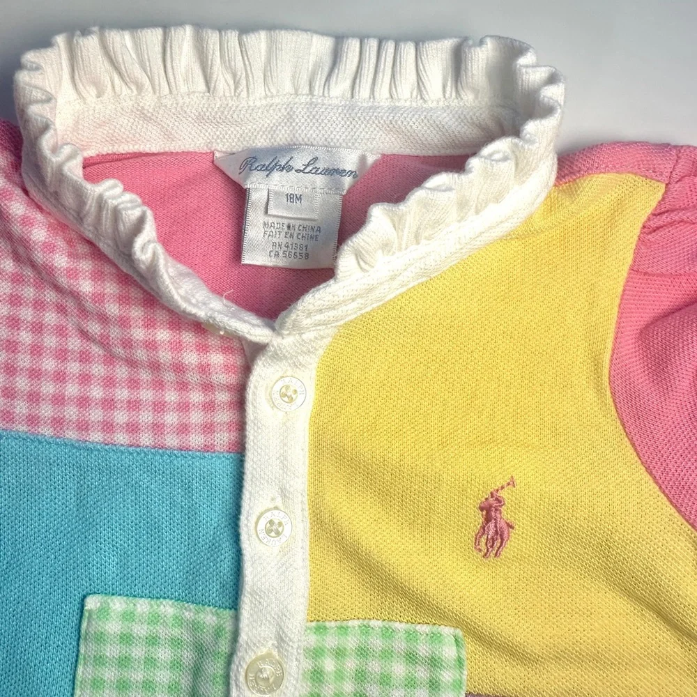 Ralph Lauren Patchwork Pastel Baby Girls Frill Polo Dress 18M Pony Madras‎ Retro